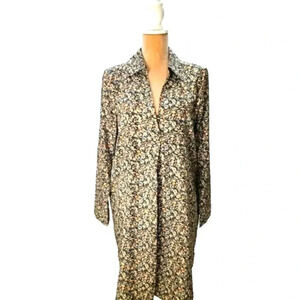 Chocolate Brown Teal Floral Print Collared Shirt Dress With Pockets